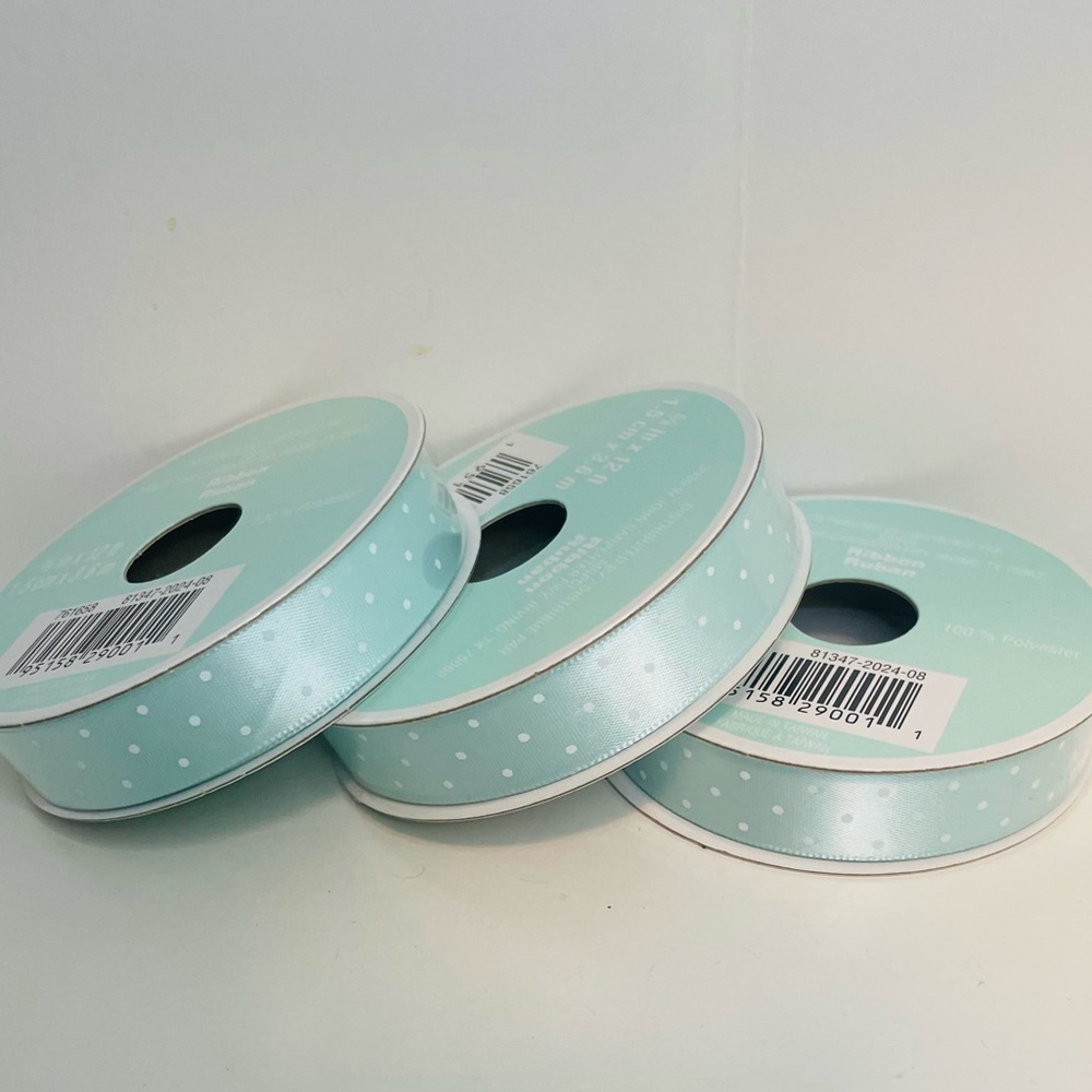 Lot of 3 : Spring Blue satin with white polka dots , Easter Ribbon, Baby Shower